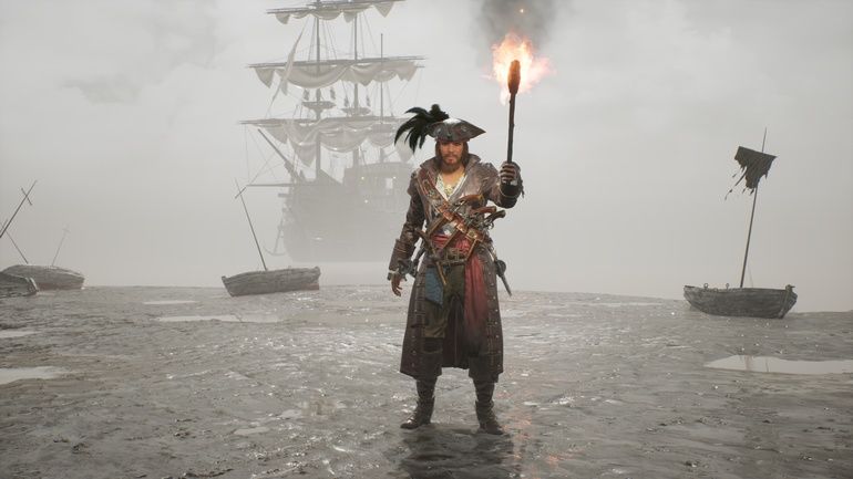 A_pirate_walks_with_a_torch_on_a_misty_deserted_island._The_concept_of_maritime_adventure_in_the_Middle_Ages._A_pirate_has_arrived_on_a_mystical_island._The_image_is_ideal_for_historical,_educational,_pirate_and_adventure_backgrounds.
