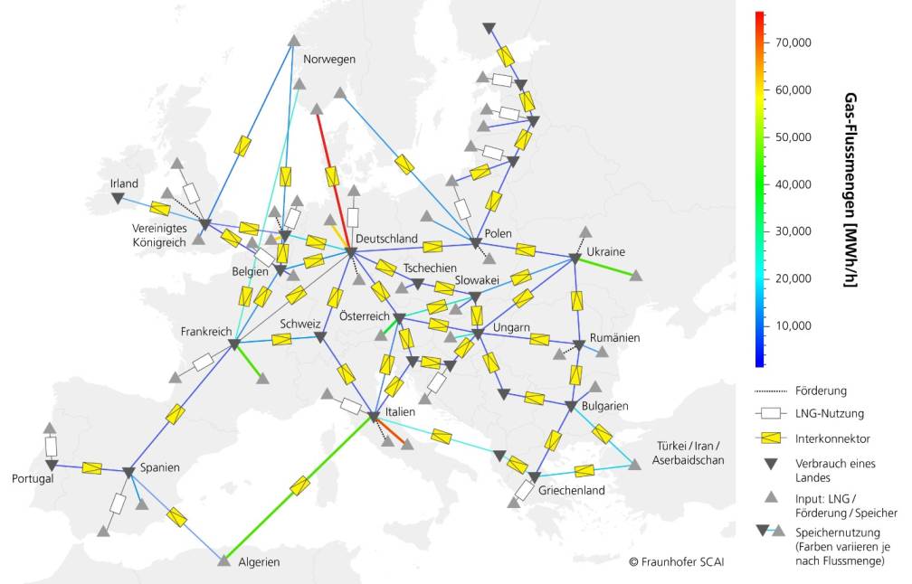 Europa im Winter 2025: Das vereinfachte Topologiemodell stellt die Erdgasflüsse zwischen Regionen dar