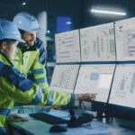 Industry_4.0_Modern_Factory:_Project_Engineer_Talks_to_Female_Operator_who_Controls_Facility_Production_Line,_Uses_Computer_with_Screens_Showing_AI,_Machine_Learning_Enhanced_Assembly_Process