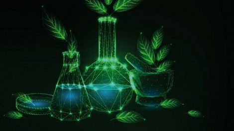 Futuristic_ecologically_friendly_green_technologies_concept_with_glowing_low_polygonal_science_laboratory_glassware_with_green_leaves_on_dark_green_background._Wire_frame_design_vector_illustration