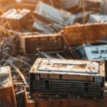 Piles_of_electric_vehicle_battery_waste_in_a_junkyard,_overgrown_with_weeds_and_rust,_environmental_concerns,_muted_colors,_Photography